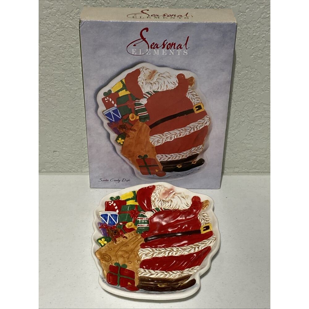Santa Claus Ceramic Cookie Candy Dish Christmas Plate Seasonal Elements NEW
